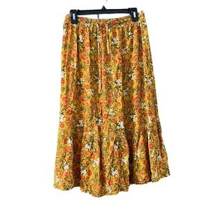 Yellow Bohemian Floral Midi Skirt Adjustable Waist